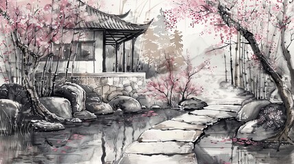 Envision a tranquil Japanese garden with a stone path leading to a tea house, framed by cherry trees