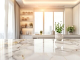 Table countertop with blurred modern light kitchen background, product display concept 