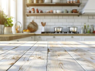 Table countertop with blurred sunny kitchen background, template for demonstration, product display concept