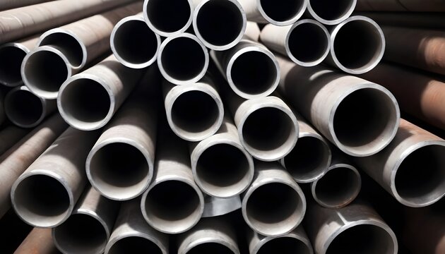 Stack of stainless steel pipes background , metallurgical industry backdrop concept image
