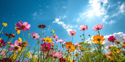Grass flower on blue sky and white cloud background with sun.