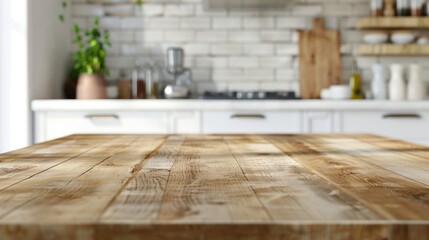Fototapeta na wymiar Wooden countertop on blurred modern kitchen background, template for demonstration, product display concept