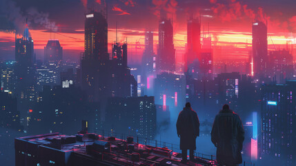 Futuristic city skyline, mafia bosses overlooking from a highrise, cyberpunk aesthetic - obrazy, fototapety, plakaty