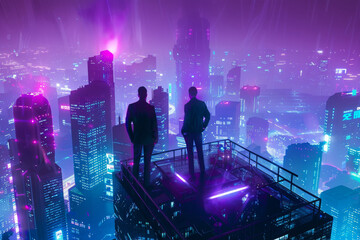 Mafia bosses meeting atop a skyscraper, futuristic city backdrop, cyberpunk, neon lights - obrazy, fototapety, plakaty