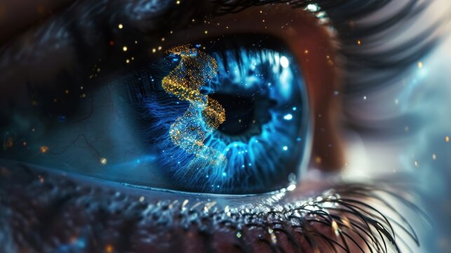 macro female blue eye with reflection of DNA spiral, concept science week, banner