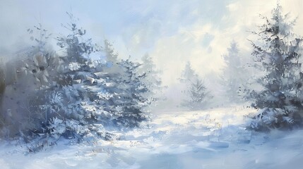 Render a serene winter landscape with a blanket of snow covering the ground and evergreen trees Capture the quietness of the scene