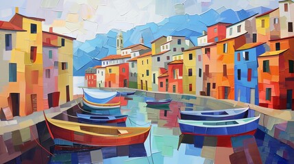 Visualize a Mediterranean seaside village with colorful houses and boats lining the shore Apply a cubist style - obrazy, fototapety, plakaty