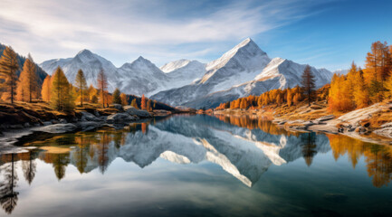 Beautiful nature and scenery lake surrounds the trees reflection in the mountains