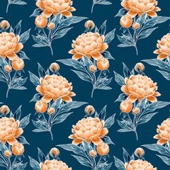 Peonies seamless floral pattern. Yellow flowers on blue background. - 776897711