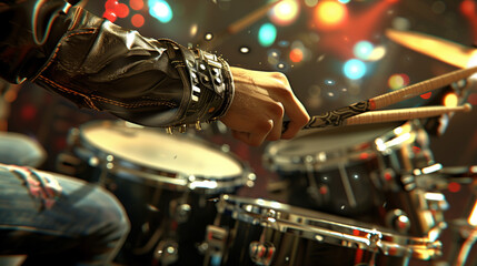 Naklejka premium Rock Drummer in Action, Dramatic Concert Lights