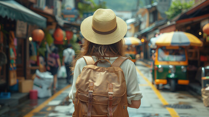 Obraz premium Rear view of A young woman with a radiant smile wearing a sun hat and casual clothes enjoys a sunny day while exploring vibrant city streets.