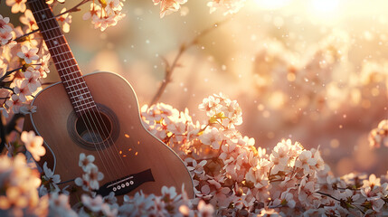 Acoustic Guitar in Spring Blossoms, Serene Musical Concept