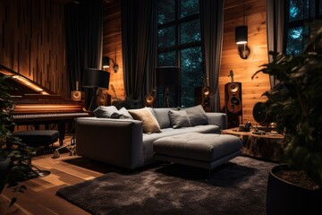 A recording studio with a cozy lounge area for relaxing between sessions, A recording studio concept, AI-generated