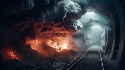 Underground railway engulfed in flames, thick smoke fills the tunnel, prompting urgent evacuation measures for passenger safety and emergency response.

