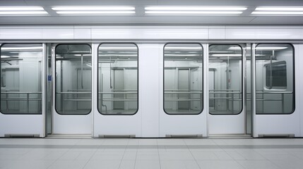 The subway platform sees the train doors closing in preparation for departure, signaling the imminent journey of the train from the station.
 - obrazy, fototapety, plakaty