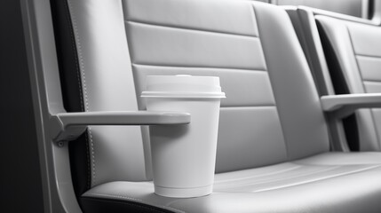 Close-up of subway seat showcases armrest and cup holder, providing additional comfort and convenience for passengers during their commute.
