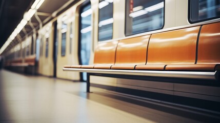 Empty subway seat offers view of blurred platform, providing a serene setting for passengers to observe the bustling subway environment.
