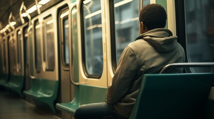 Passenger sitting in subway train, looking out window, observing the passing scenery and cityscape during the journey through the urban landscape.
