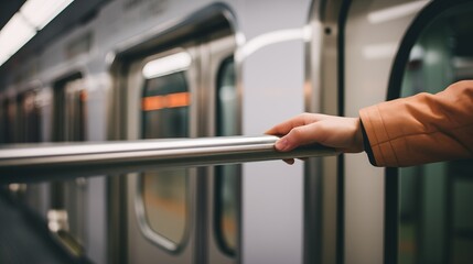Close-up captures hand tightly gripping subway car handrail, providing stability and security for passengers during their commute on the train.
