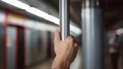 Close-up reveals hand grasping subway pole tightly, ensuring stability amid the jostle and sway of the moving train during the commute.
