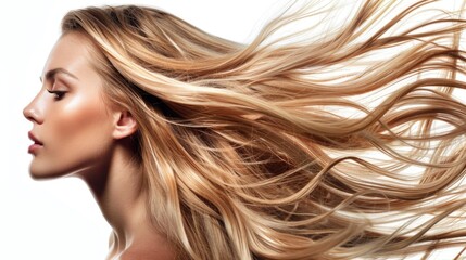 A side profile of a person with luxurious, flowing blonde hair highlighting smooth, healthy strands and a serene expression. - obrazy, fototapety, plakaty