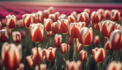 Close-up image of Tulips' field under the morning sunlight. - obrazy, fototapety, plakaty