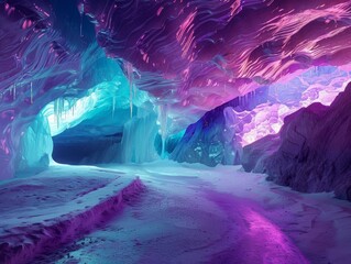 A fantastical ice cave, with walls that sparkle in neon blues and pinks, under a ceiling of pastel ice