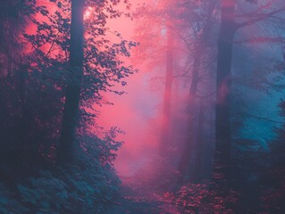 A mysterious foggy forest, with trees casting neon shadows, wrapped in a cloak of pastel fog