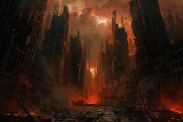 An abandoned cityscape with streets split open, revealing the fires glow from beneath, apocalyptic and forsaken - obrazy, fototapety, plakaty