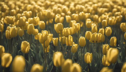 Close-up image of Tulips' field under the morning sunlight.