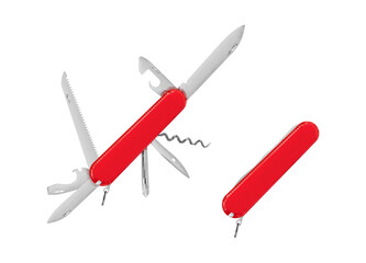 Red multifunctional pocket knife camping and hiking equipment set realistic vector illustration