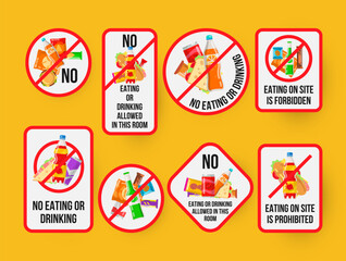 No eating or drinking forbidden red crossed sign design template set vector flat illustration