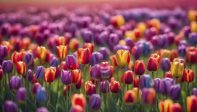 Close-up image of Tulips' field under the morning sunlight.