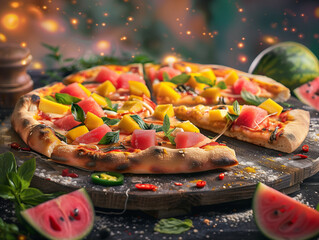 A plate of pizza with fruity topping