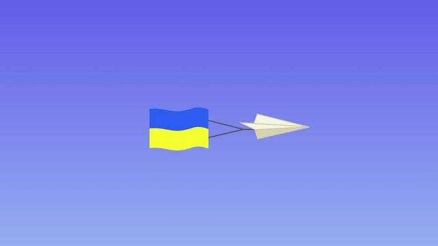 Paper plane with waving Ukrainian flag flying in blue sky cartoon style 4k seamless animation. Airlines, travel, diplomacy, aircraft concept flat design video