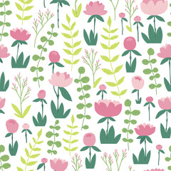 Seamless pattern with peonies and foliage on a white background. Pattern for women's fabric. Field of beautiful flowers and plants. Flat vector illustration