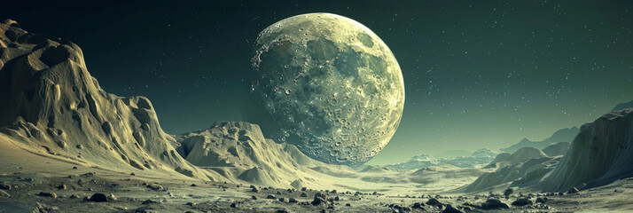 Otherworldly Lunar Landscape with Towering Mountainous Horizon and Looming Celestial Orb