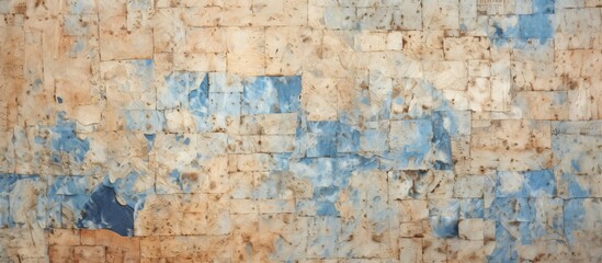 Close-up of a wall with deteriorating blue paint peeling off, revealing the aged surface underneath
