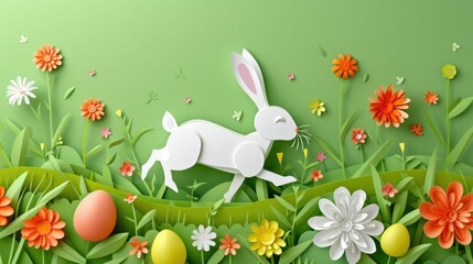 A white rabbit is leaping through a colorful field of blooming flowers and eggs, surrounded by lush green grass and vibrant petals, creating a beautiful and whimsical scene AIG42E