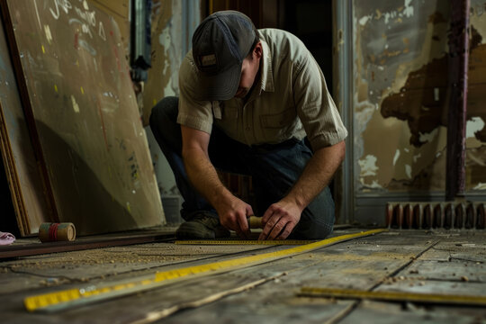 Skilled construction worker carefully measuring and inspecting hardwood flooring during a home renovation project