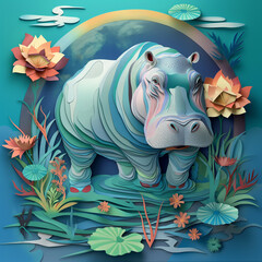 Paper cut green hippo standing in the swamp - obrazy, fototapety, plakaty