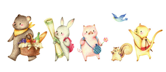 ピクニックに歩いて出かける動物たち　手描き色鉛筆画 © miyu