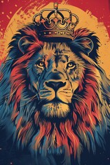 Pop art animal kingdom, a lion with a crown, majestic and wild