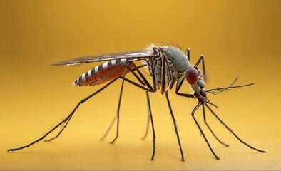 Close up of mosquito on yellow background