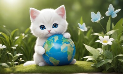 Fototapeta premium cute cat world environment and mother earth day concept with globe and eco friendly environment