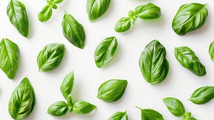 Basil leaves isolated on white background. Top view. Flat lay