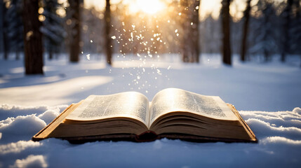 Open antique book lying on snow in winter forest. Old book with pages. Education, wisdom,...
