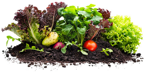 garden vegetable soil isolated on transparent background with potato tomato radish green leaf salad growing , concept of farm-to-table product, locally grown, support local farmers, homegrown