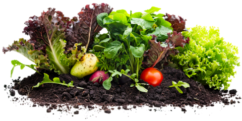 garden vegetable soil isolated on transparent background with potato tomato radish green leaf salad growing , concept of farm-to-table product, locally grown, support local farmers, homegrown