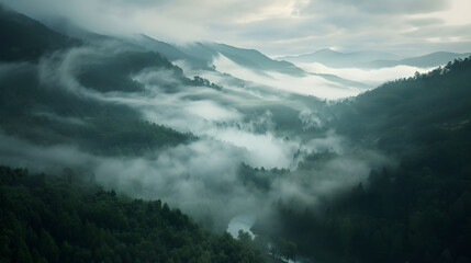 A valley where the fog moves like living creatures, shaping stories as it flows.